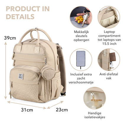 Brisby Premium Luiertas – Uitgebreide en Functionele Verzorgingstas – met buggymontage – Anti Diefstal Vakken - Reistrolley Sleeve - Inclusief verschoonmatje t.w.v.15,99 euro en speenhouder - Levenslange Garantie - Natural Champagne