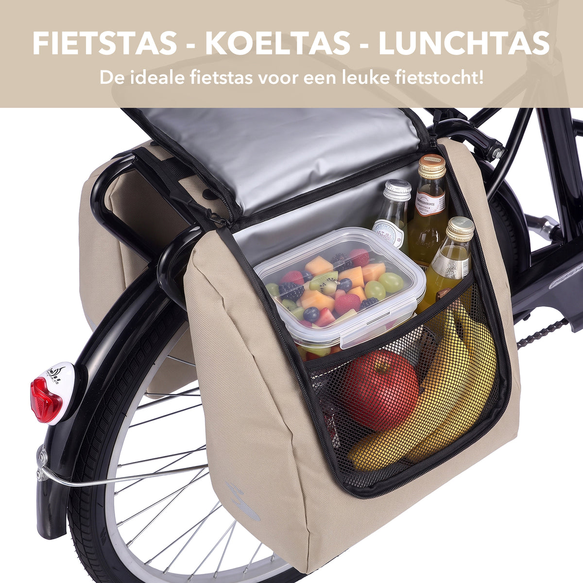 Brisby Dubbele Fietstas 28 Liter – Koeltas en Lunchtas – 4-laags Geïsoleerd – Voor Gewone en Elektrische Fiets – Waterafstotend met Waterdichte Ritsen – Natural Champagne
