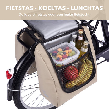 Brisby Dubbele Fietstas 28 Liter – Koeltas en Lunchtas – 4-laags Geïsoleerd – Voor Gewone en Elektrische Fiets – Waterafstotend met Waterdichte Ritsen – Natural Champagne