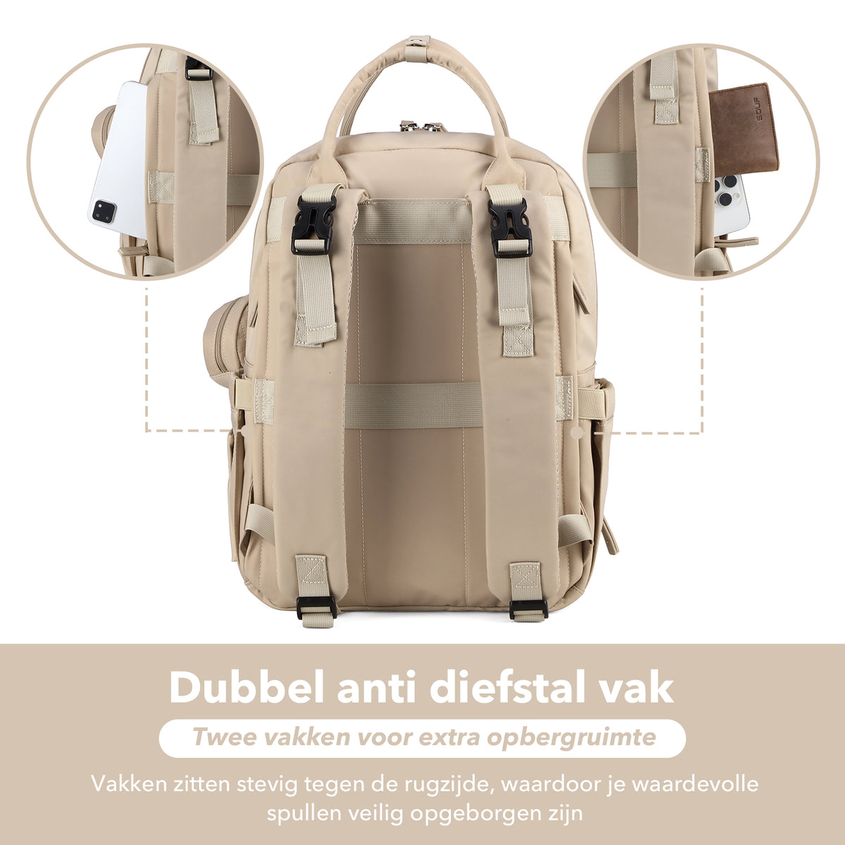 Brisby Premium Luiertas – Uitgebreide en Functionele Verzorgingstas – met buggymontage – Anti Diefstal Vakken - Reistrolley Sleeve - Inclusief verschoonmatje t.w.v.15,99 euro en speenhouder - Levenslange Garantie - Natural Champagne