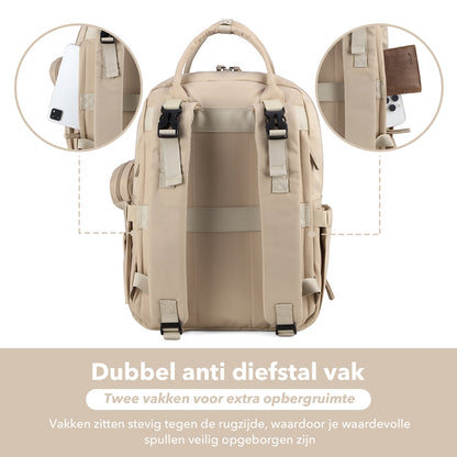 Brisby Premium Luiertas – Uitgebreide en Functionele Verzorgingstas – met buggymontage – Anti Diefstal Vakken - Reistrolley Sleeve - Inclusief verschoonmatje t.w.v.15,99 euro en speenhouder - Levenslange Garantie - Natural Champagne