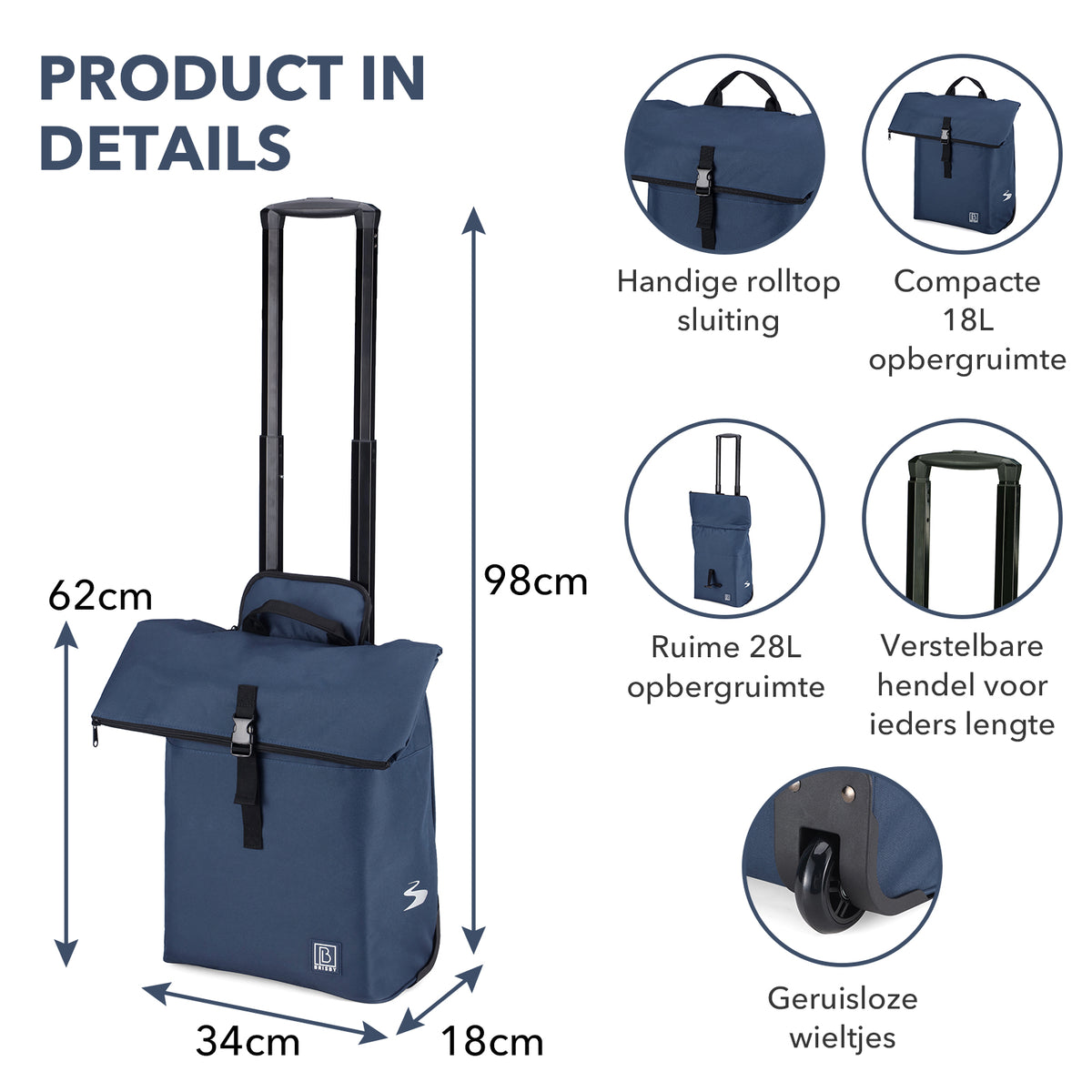 Fietstrolley Tas 2-in-1 Fietstas en Trolley Zwart 18-28L Laptopvak Verstelbare Hendel Bevestigingssysteem - Blauw