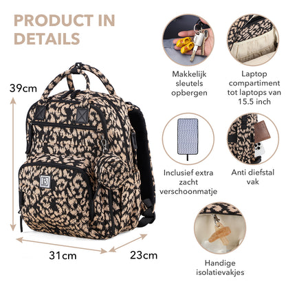 Brisby Premium Luiertas – Uitgebreide en Functionele Verzorgingstas – met buggymontage – Anti Diefstal Vakken - Reistrolley Sleeve - Inclusief verschoonmatje t.w.v.15,99 euro en speenhouder - Levenslange Garantie - Leo