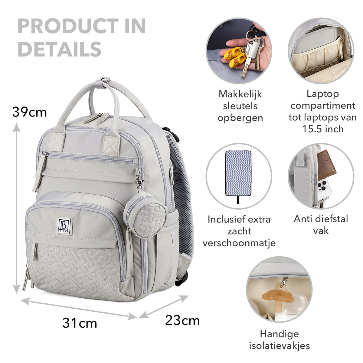 Brisby Premium Luiertas – Uitgebreide en Functionele Verzorgingstas – met buggymontage – Anti Diefstal Vakken - Reistrolley Sleeve - Inclusief verschoonmatje t.w.v.15,99 euro en speenhouder - Levenslange Garantie -Modern Grey
