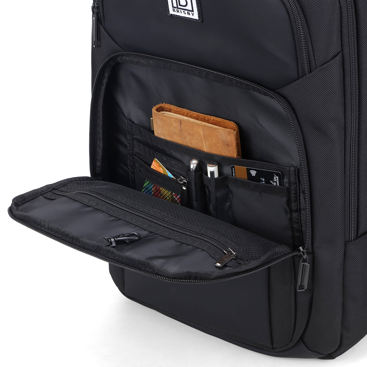 Brisby Rugzak Pro 1 – Laptoprugzak tot 15,7 inch voor Werk, School en Reizen – Waterafstotend – Met Tabletvak, Antidiefstalvak en Trolleysleeve - Zwart