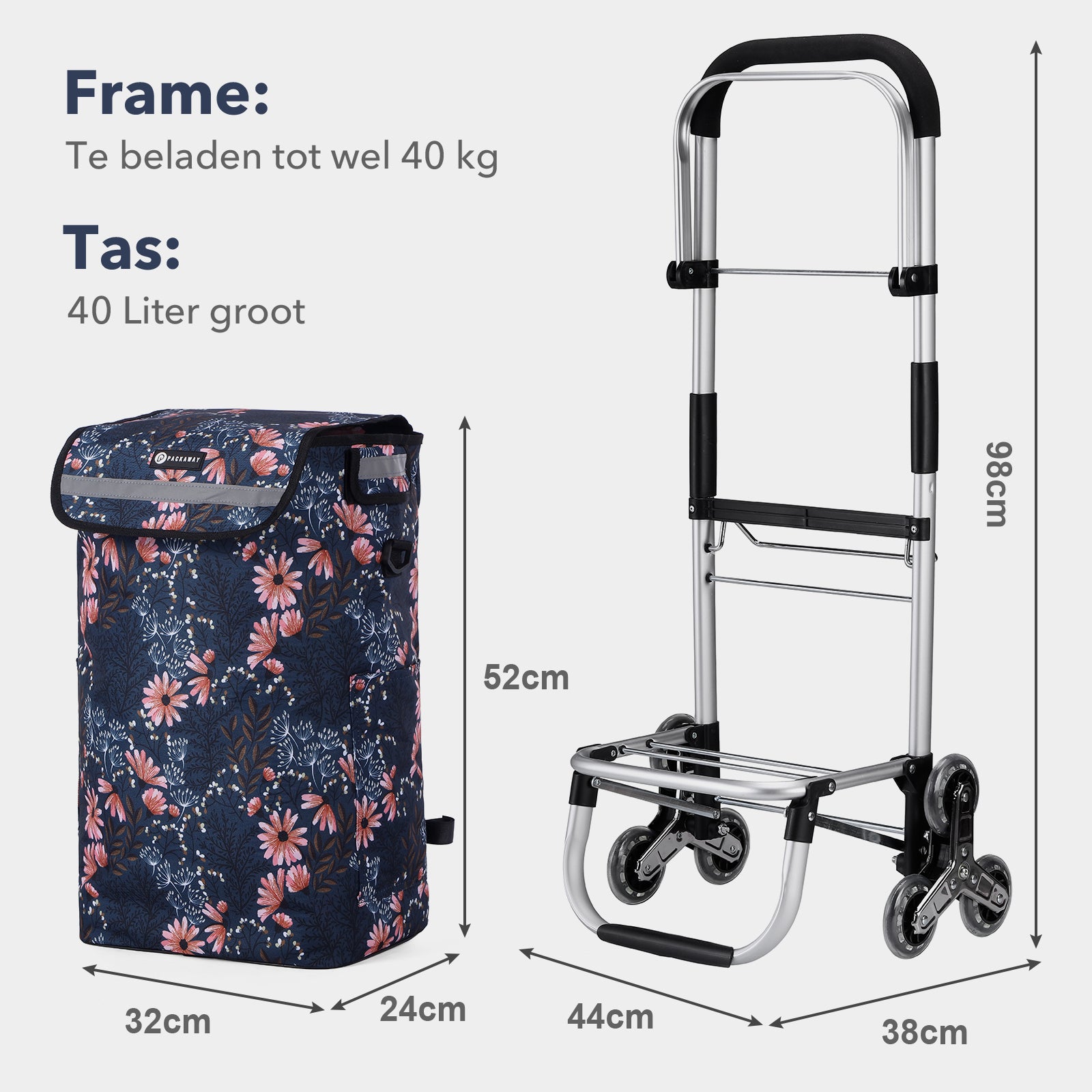 Packaway Boodschappentrolley met Trapwielen 40 Liter - Opvouwbare Boodschappenwagen met ruim Koelvak - Japanese Flower