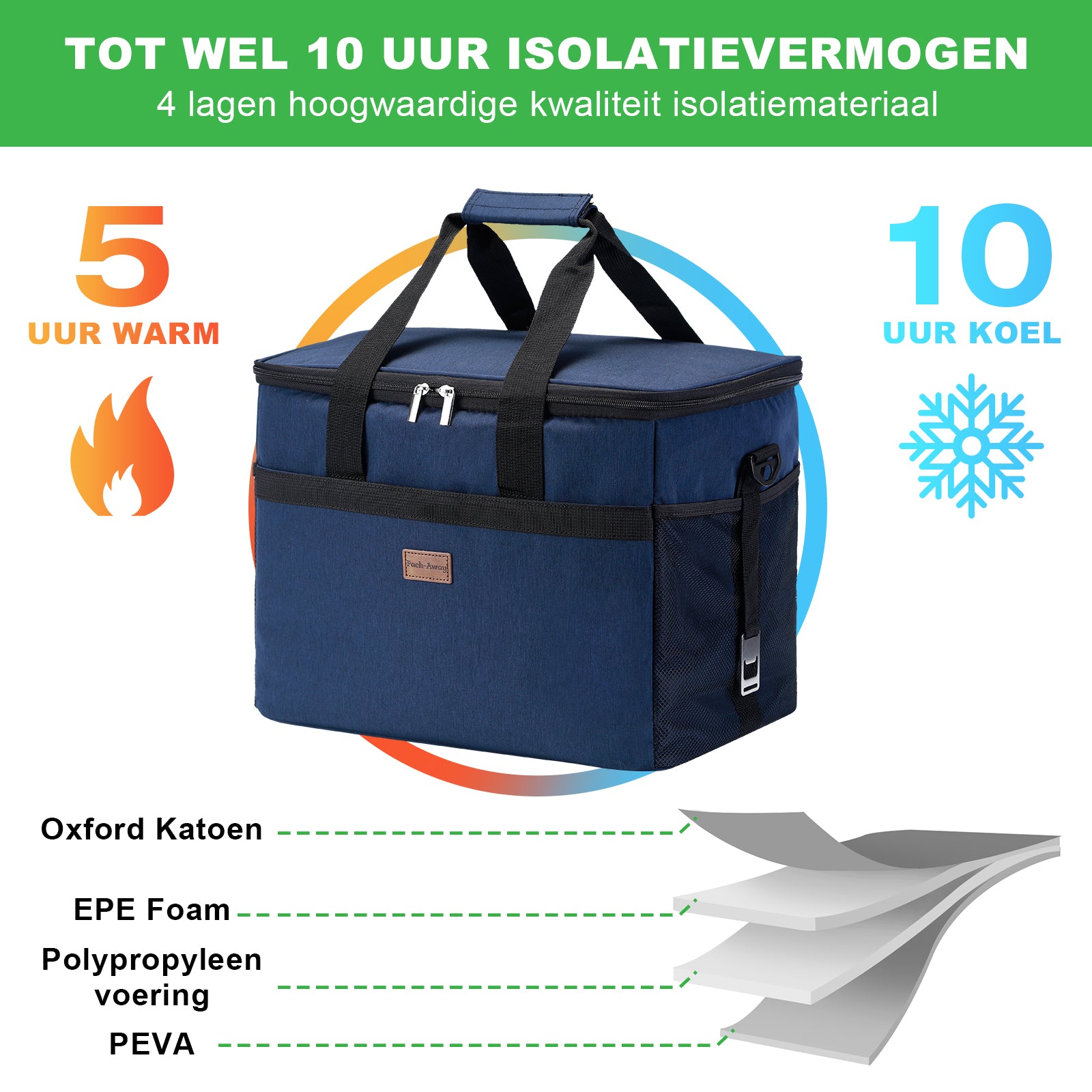 Koeltas 40L donkerblauw - lunchtas - opvouwbaar - 4-laags geïsoleerd - incl. 6 gratis koelelementen en draagband