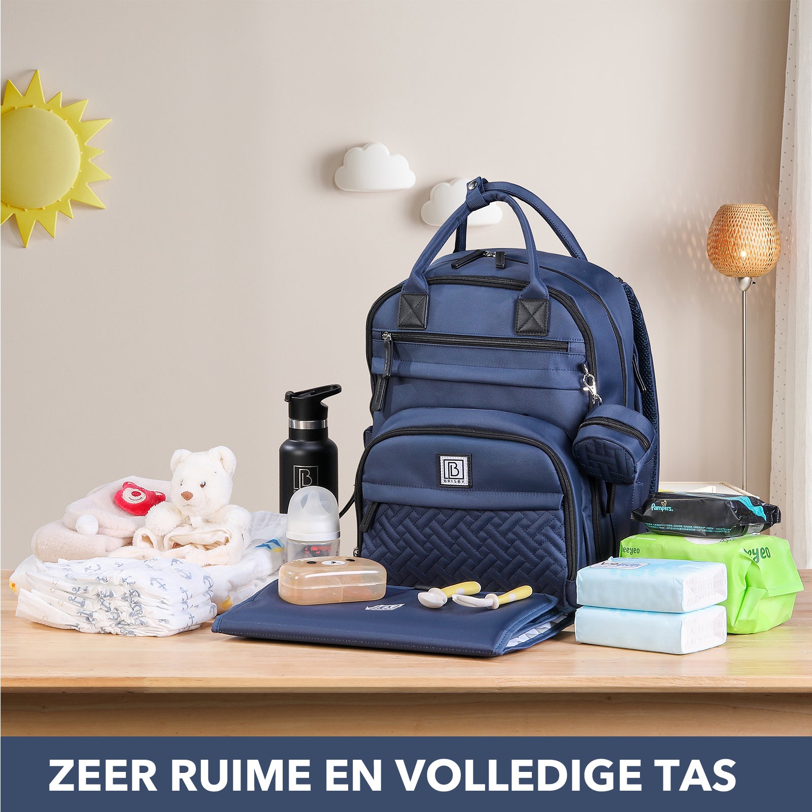 Premium luiertas blauw - uitgebreide en functionele verzorgingstas - met buggymontage - anti diefstal vakken - reistrolley sleeve - incl. verschoonmatje en speenhouder - levenslange garantie