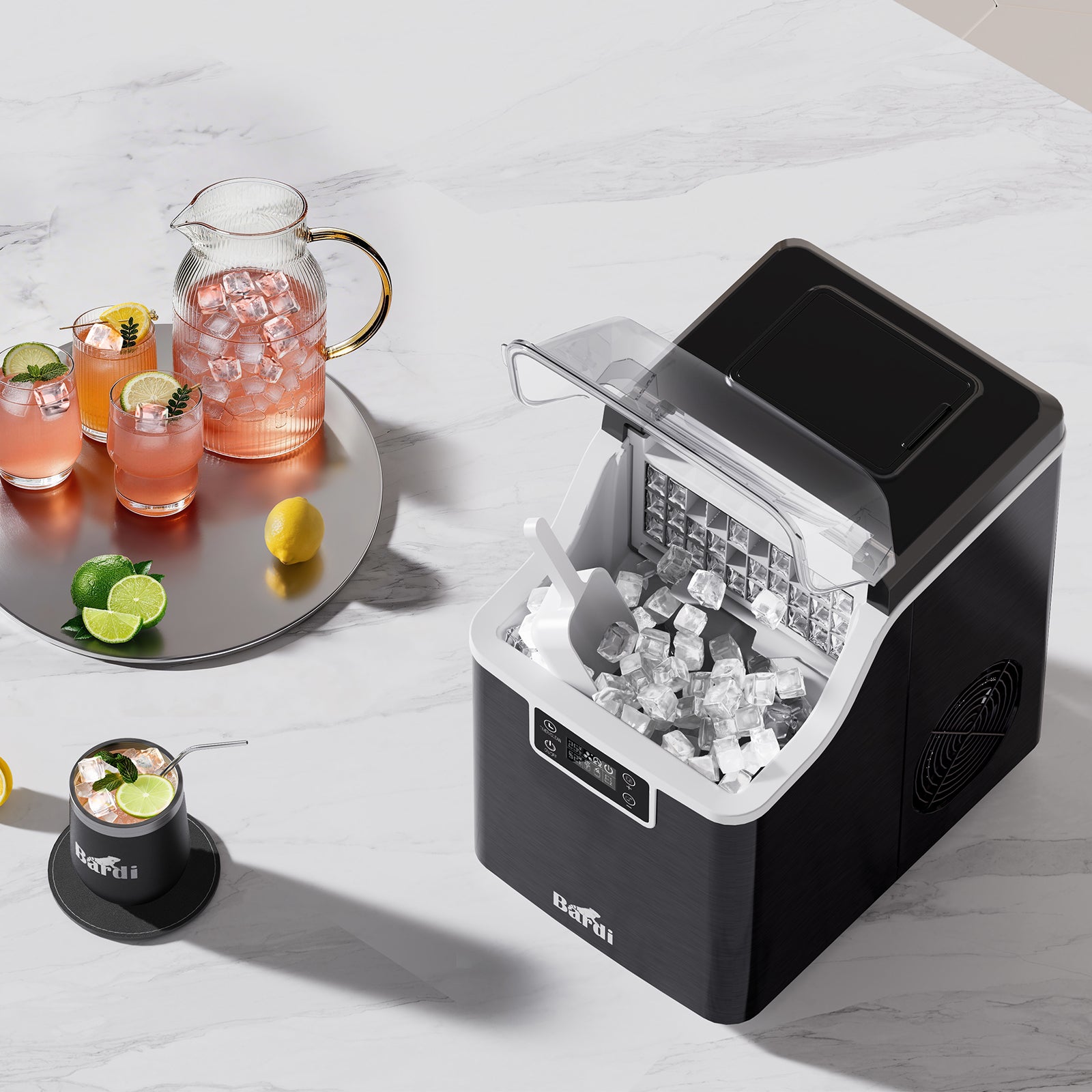 Bardi 3,2L Deluxe IJsblokjesmachine - Vierkante IJsblokmaker - LCD Display - 20Kg/24 uur. inclusief Thermosbeker en IJsschep - ZWART met citruspers Zwart