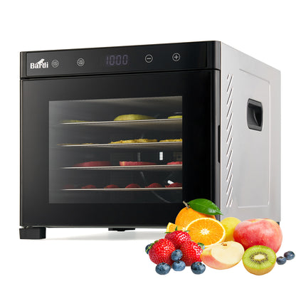 Bardi Voedseldroger 6-laags 650W RVS - 24-uurs timer - led-bedieningspaneel - incl. 6 inlegvellen en voedseltang