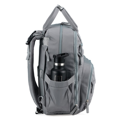Brisby Premium Luiertas – Uitgebreide en Functionele Verzorgingstas – met buggymontage – Anti Diefstal Vakken - Reistrolley Sleeve - Inclusief verschoonmatje t.w.v.15,99 euro en speenhouder - Levenslange Garantie - Misty Grey
