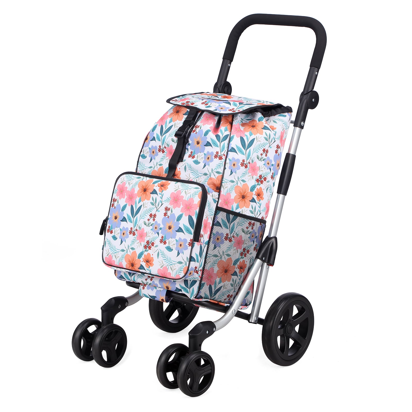 Packaway Boodschappentrolley met 4 wielen - boodschappenwagen deluxe met koelvak en verstelbaar handvat – 60 liter – Pastel Blossom