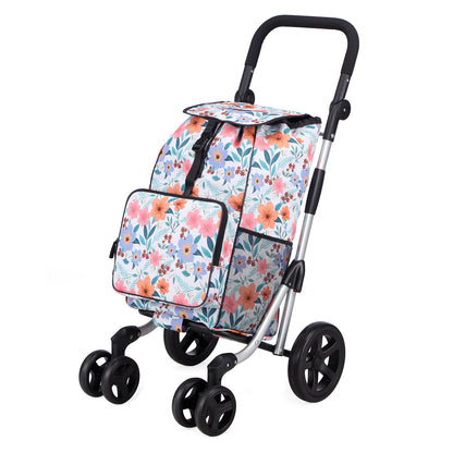 Packaway Boodschappentrolley met 4 wielen - boodschappenwagen deluxe met koelvak en verstelbaar handvat – 60 liter – Pastel Blossom