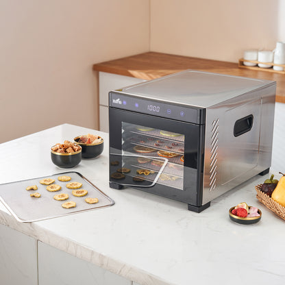 Bardi Voedseldroger 6-laags 650W RVS - 24-uurs timer - led-bedieningspaneel - incl. 6 inlegvellen en voedseltang