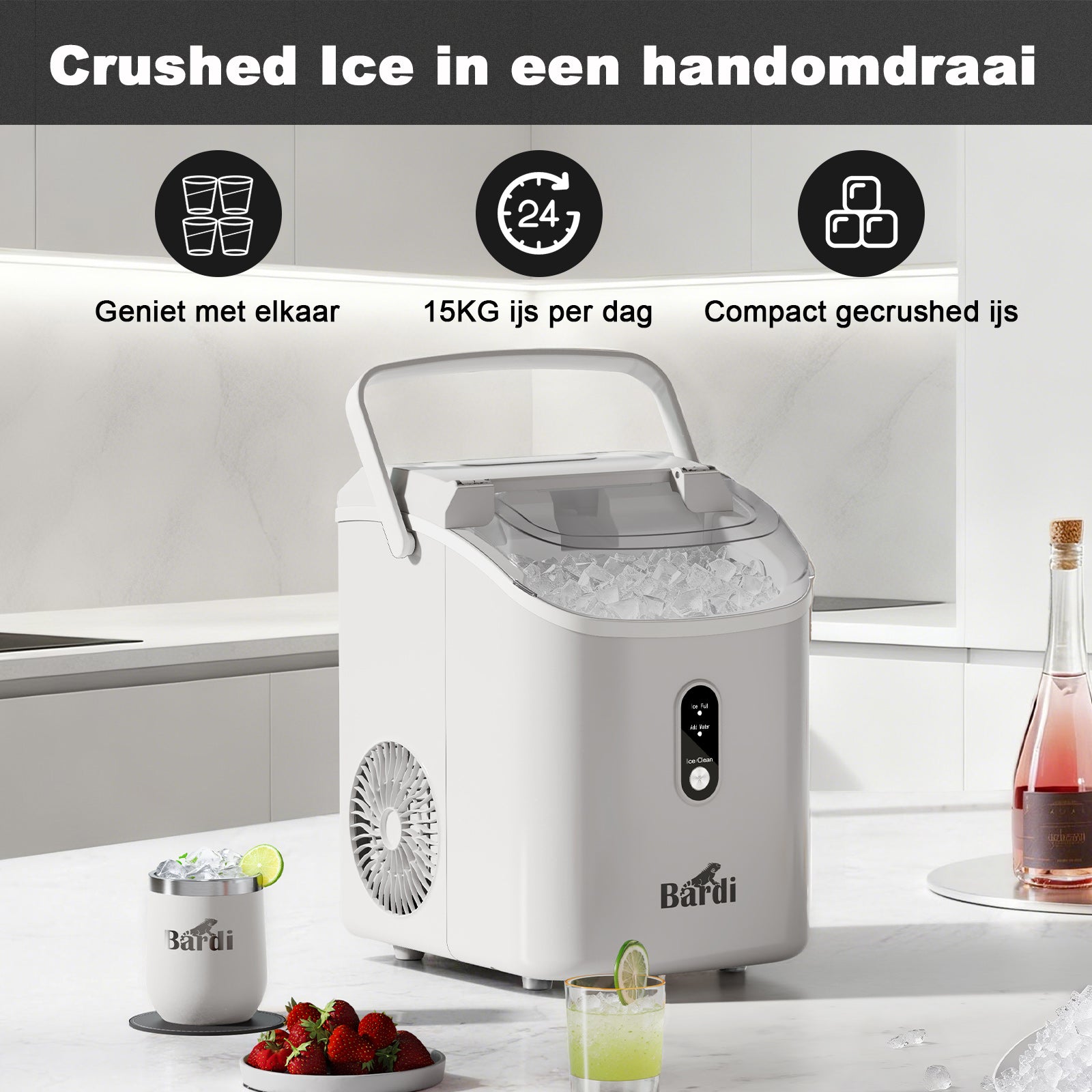 Bardi Nugget IJsblokjesmachine Rond 1,1L wit - 15 kg/24 uur - incl. thermosbeker