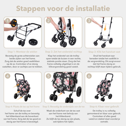 Packaway Boodschappentrolley met 4 wielen - boodschappenwagen deluxe met koelvak en verstelbaar handvat – 60 liter – Black Flower