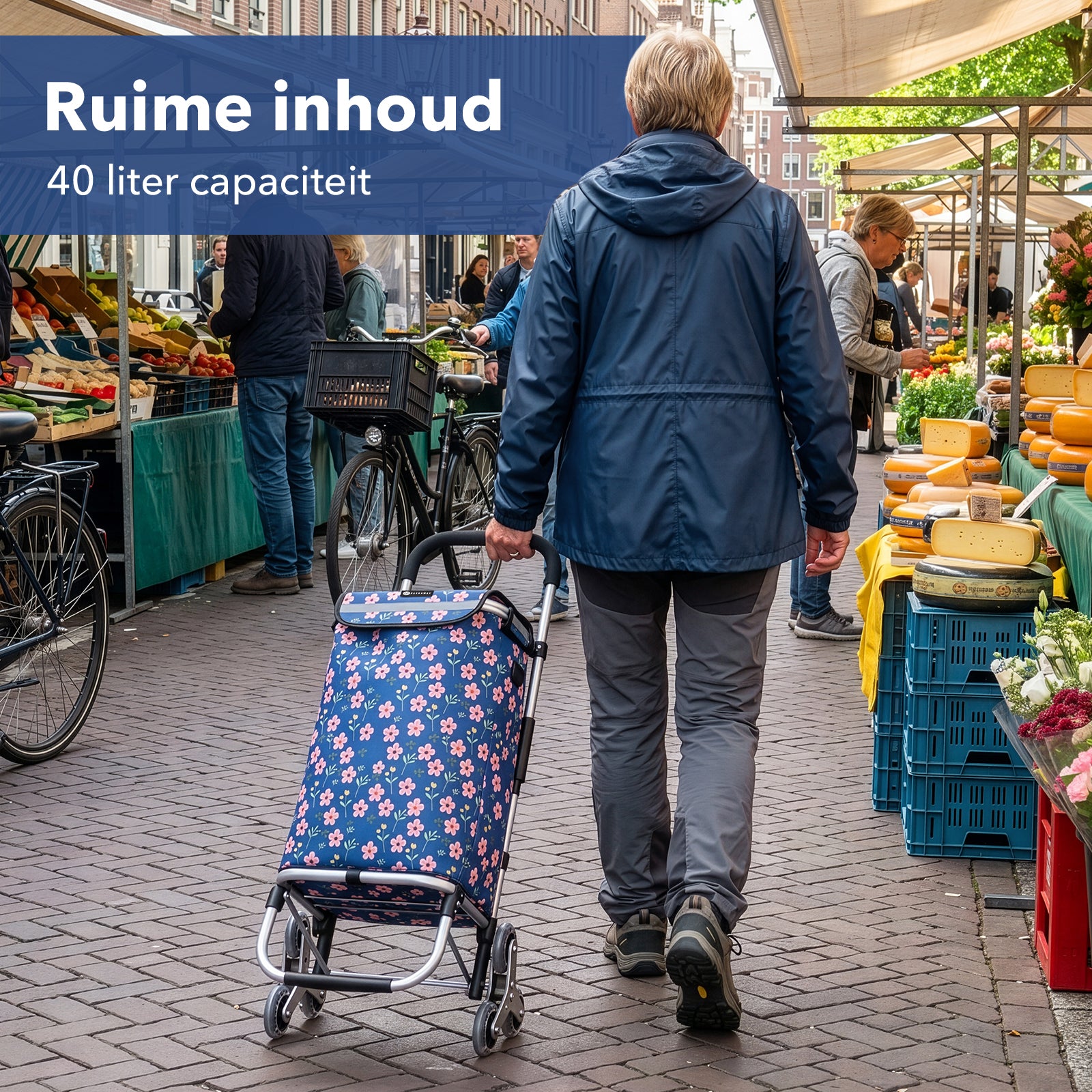 Packaway Boodschappentrolley met Trapwielen 40 Liter - Opvouwbare Boodschappenwagen met ruim Koelvak - Blue Blossom