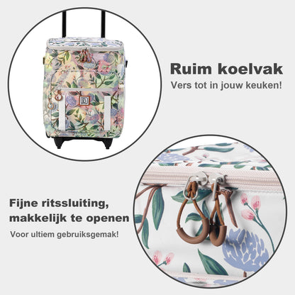 Brisby Boodschappentrolley met Koelvak – 32L Ruimte – Ideaal voor Boodschappen – Inclusief Koelelementen – Waterafstotend – Verstelbaar Handvat – White Flower