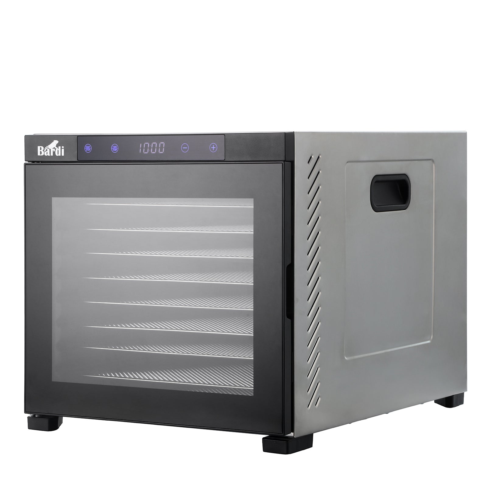Bardi Voedseldroger 10-laags 1000W RVS - 24-uurs timer - led-bedieningspaneel - incl. 10 inlegvellen en voedseltang