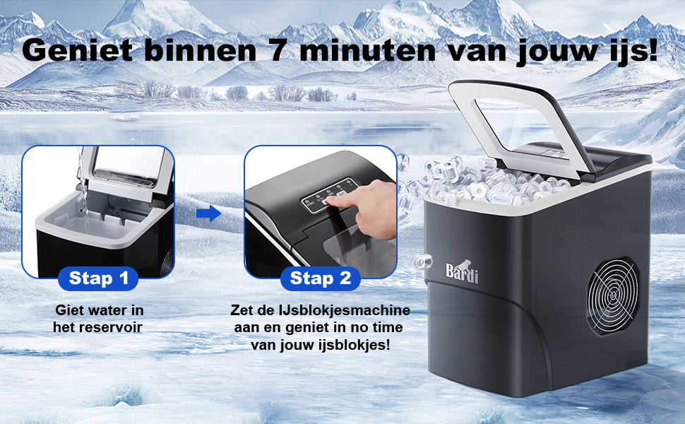 Bardi Deluxe IJsblokjesmachine 2L zwart - Zelfreinigingsfunctie - ijsblokmaker met ijsschep - Incl. luxe thermosbeker en ijsschep