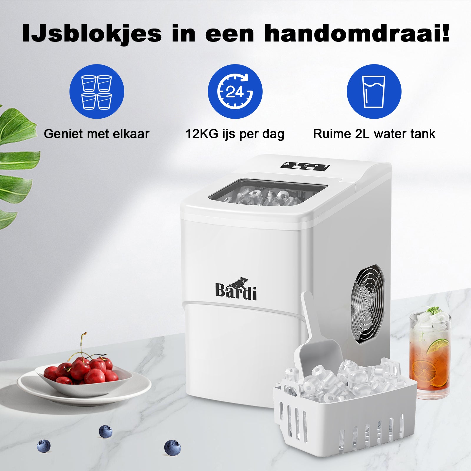 Bardi IJsblokjesmachine Set - 2 Liter - 12KG IJsblokjes in 24 uur - met IJsschep - Inclusief 1 Luxe Thermosbeker - Wit - Citruspers RVS