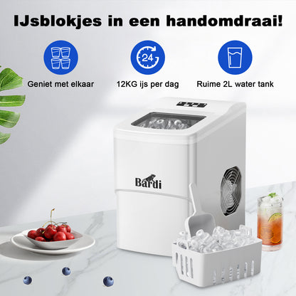 Bardi IJsblokjesmachine Set - 2 Liter - 12KG IJsblokjes in 24 uur - met IJsschep - Inclusief 1 Luxe Thermosbeker - Wit - Citruspers Zwart