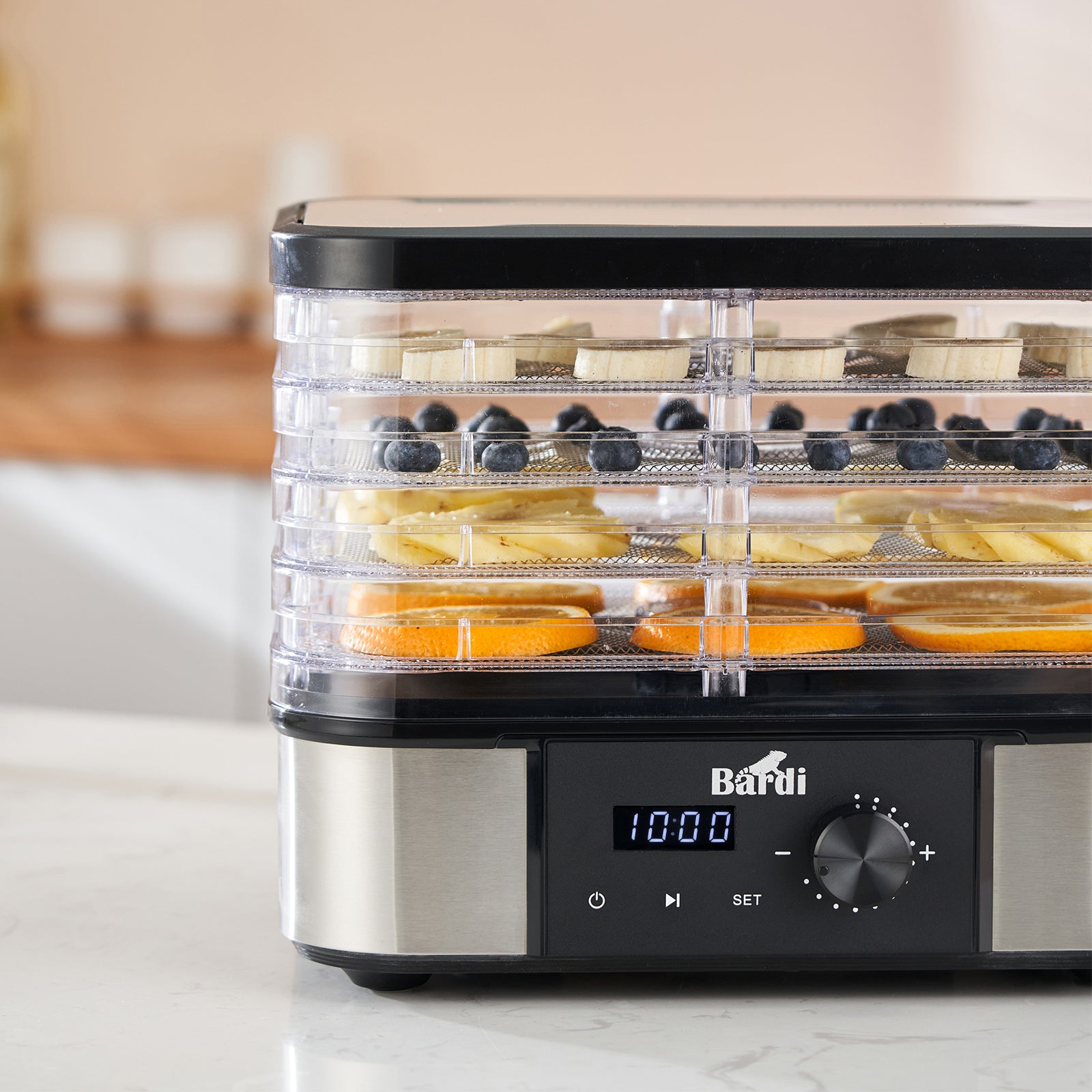 Bardi Voedseldroger 5-laags 350W RVS - 24-uurs timer - led-bedieningspaneel - incl. 5 inlegvellen en voedseltang