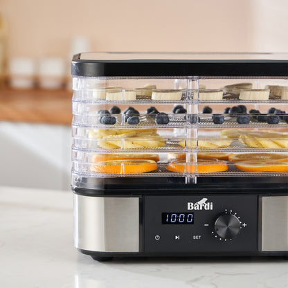 Bardi Voedseldroger 5-laags 350W RVS - 24-uurs timer - led-bedieningspaneel - incl. 5 inlegvellen en voedseltang