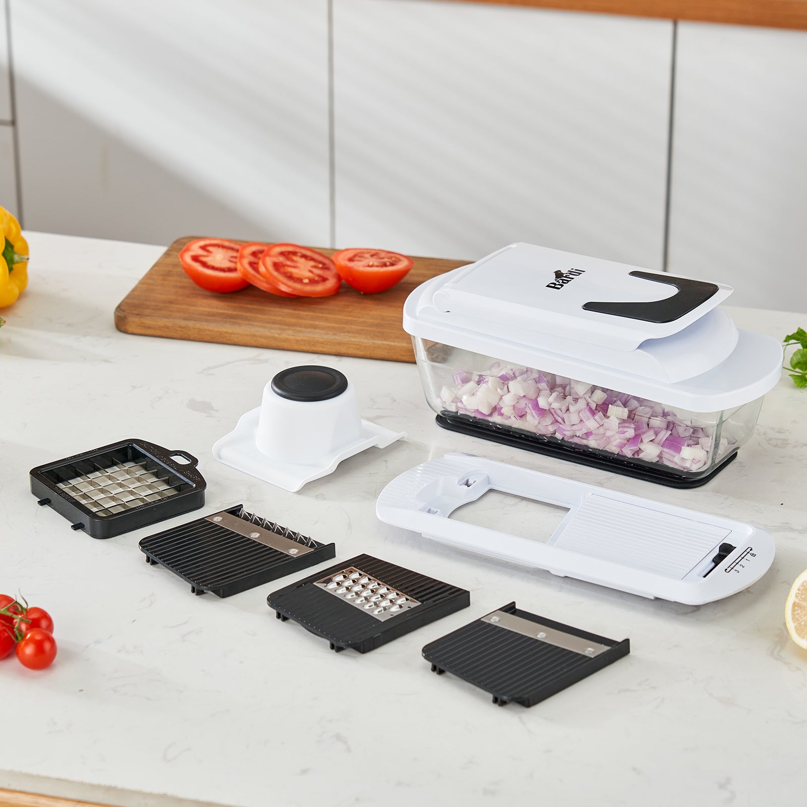 BARDI 12 Delige Groentesnijder met Glazen Ovenschaal - Mandoline Keukensnijder - Groentensnijder Multifunctioneel - Uiensnijder - Anti-slip mat - Glas & RSV - Zwart & Wit