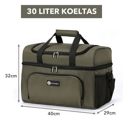 Packaway Koeltas 30L - Lunchtas - Inclusief 4 Koelelementen - Dubbel Compartiment - 4-Laags Geïsoleerd - Waterafstotend - Olive Green