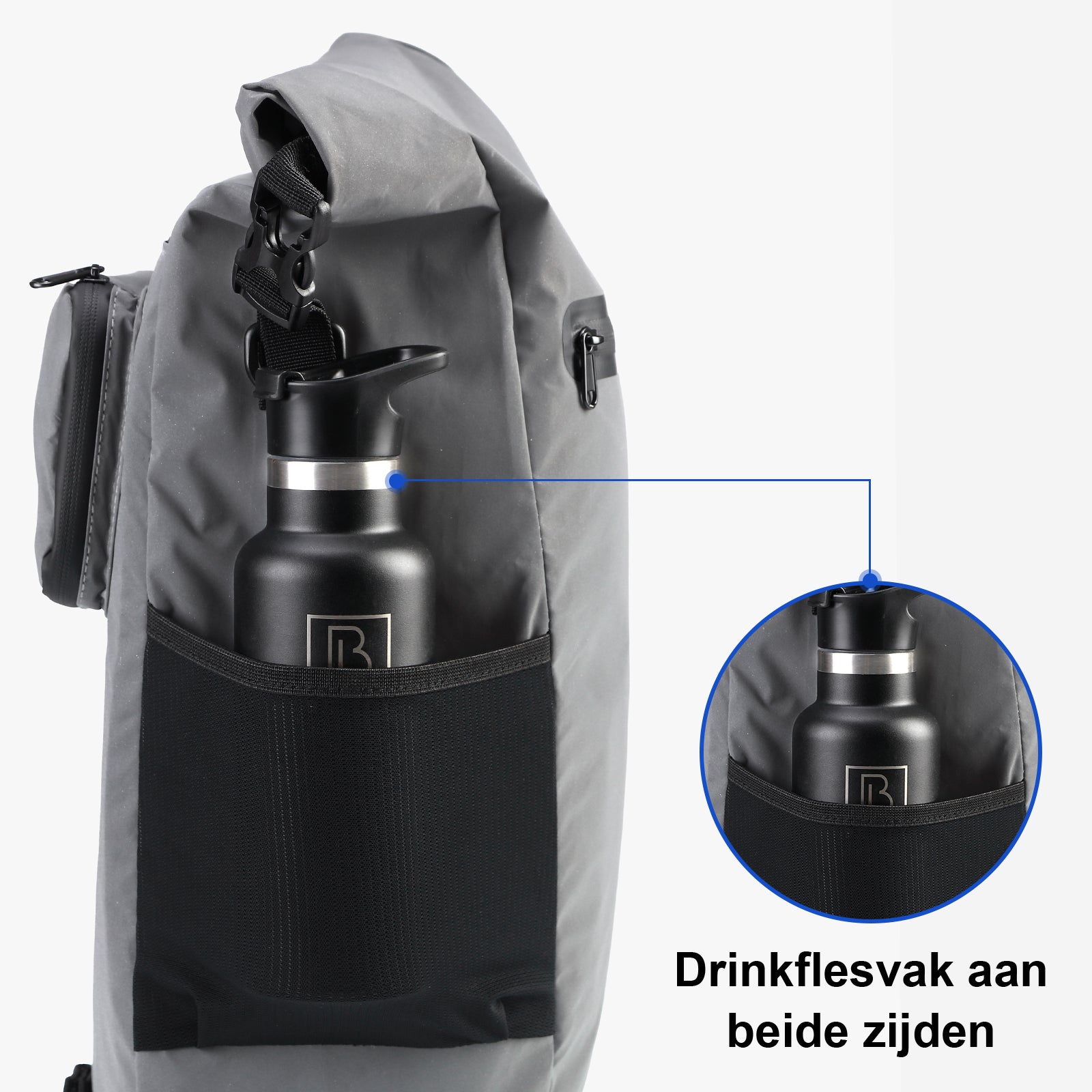 3 in 1 waterdichte rolltop fietstas set 40-52L grijs - 100% reflectie - hoge zichtbaarheid - fietstas - rugtas - schoudertas