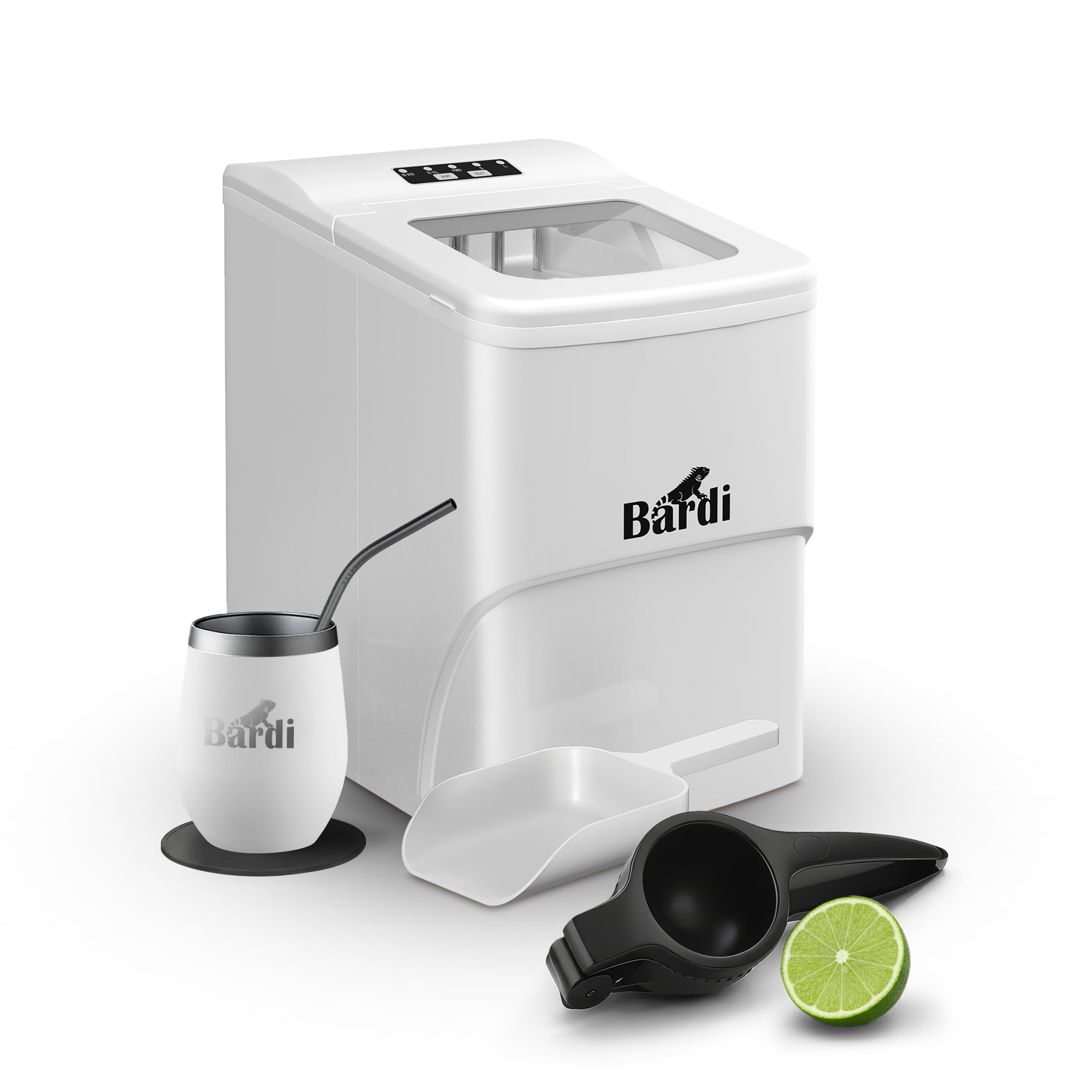 Bardi IJsblokjesmachine Set - 2 Liter - 12KG IJsblokjes in 24 uur - met IJsschep - Inclusief 1 Luxe Thermosbeker - Wit - Citruspers Zwart