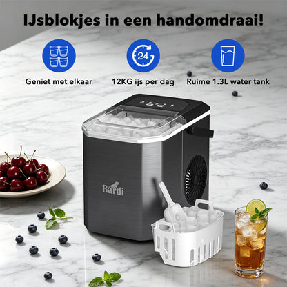 Bardi 1.3L Deluxe IJsblokjesmachine Square – IJsblokmaker Inclusief Luxe Thermosbeker en IJsschep – 9 Blokjes in 8 Minuten – RVS