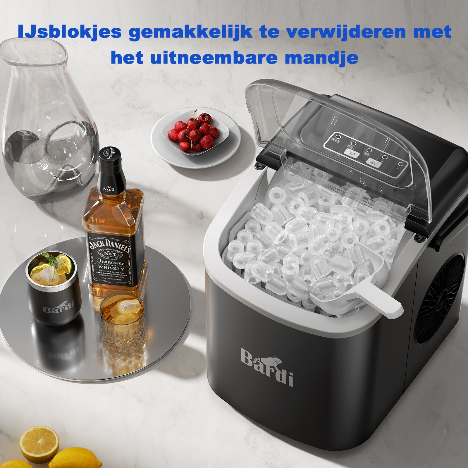 Bardi Deluxe IJsblokjesmachine 1,2L zwart - Zelfreinigingsfunctie - ijsblokmaker met ijsschep - Incl. luxe thermosbeker en ijsschep