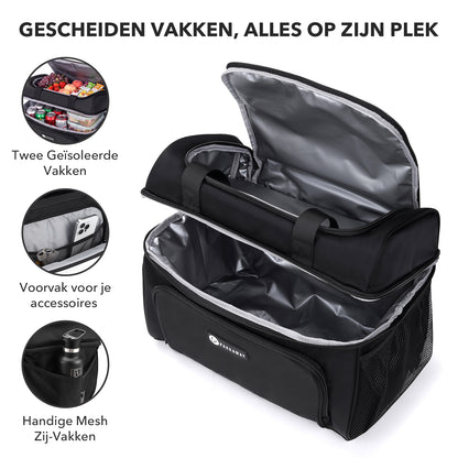 Packaway Koeltas 20L - Lunchtas - Inclusief 4 Koelelementen - Dubbel Compartiment - 4-Laags Geïsoleerd - Waterafstotend - Signature Black