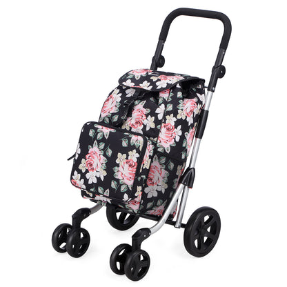 Packaway Boodschappentrolley met 4 wielen - boodschappenwagen deluxe met koelvak en verstelbaar handvat – 60 liter – Black Flower