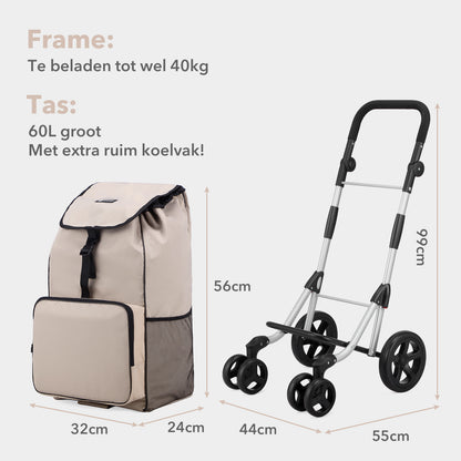 Packaway Boodschappentrolley met 4 wielen - boodschappenwagen deluxe met koelvak en verstelbaar handvat – 60 liter – Champagne