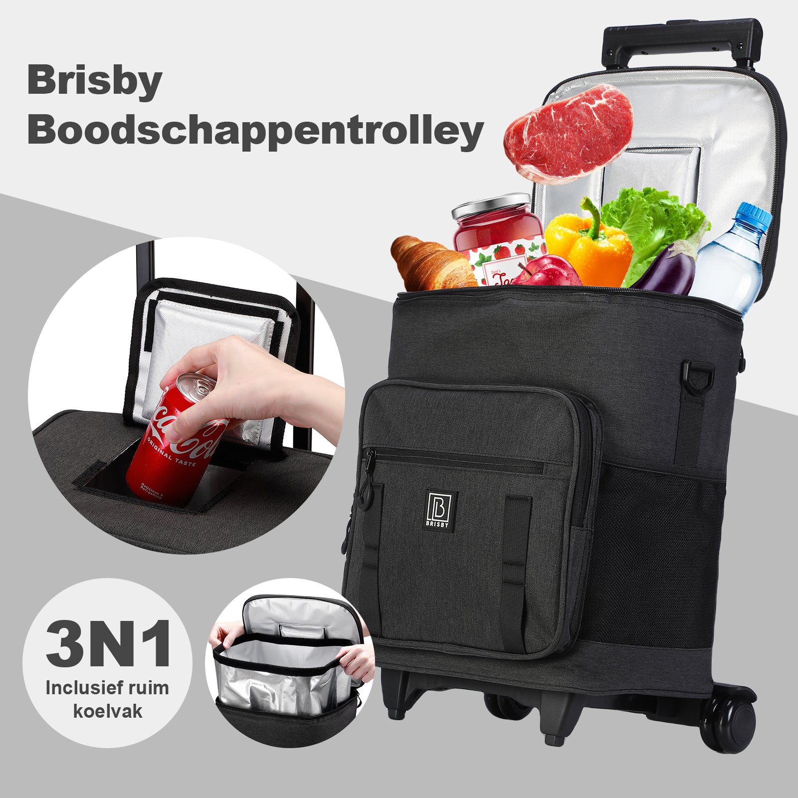 Brisby Boodschappentrolley met Koelvak – 32L Ruimte – Ideaal voor Boodschappen – Inclusief Koelelementen – Waterafstotend – Verstelbaar Handvat – Donkergrijs