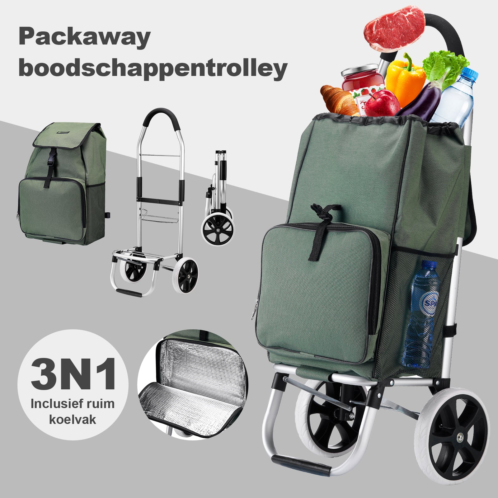 Boodschappentrolley 45L groen - winkelwagen ophanging - opvouwbaar - telescopisch handvat