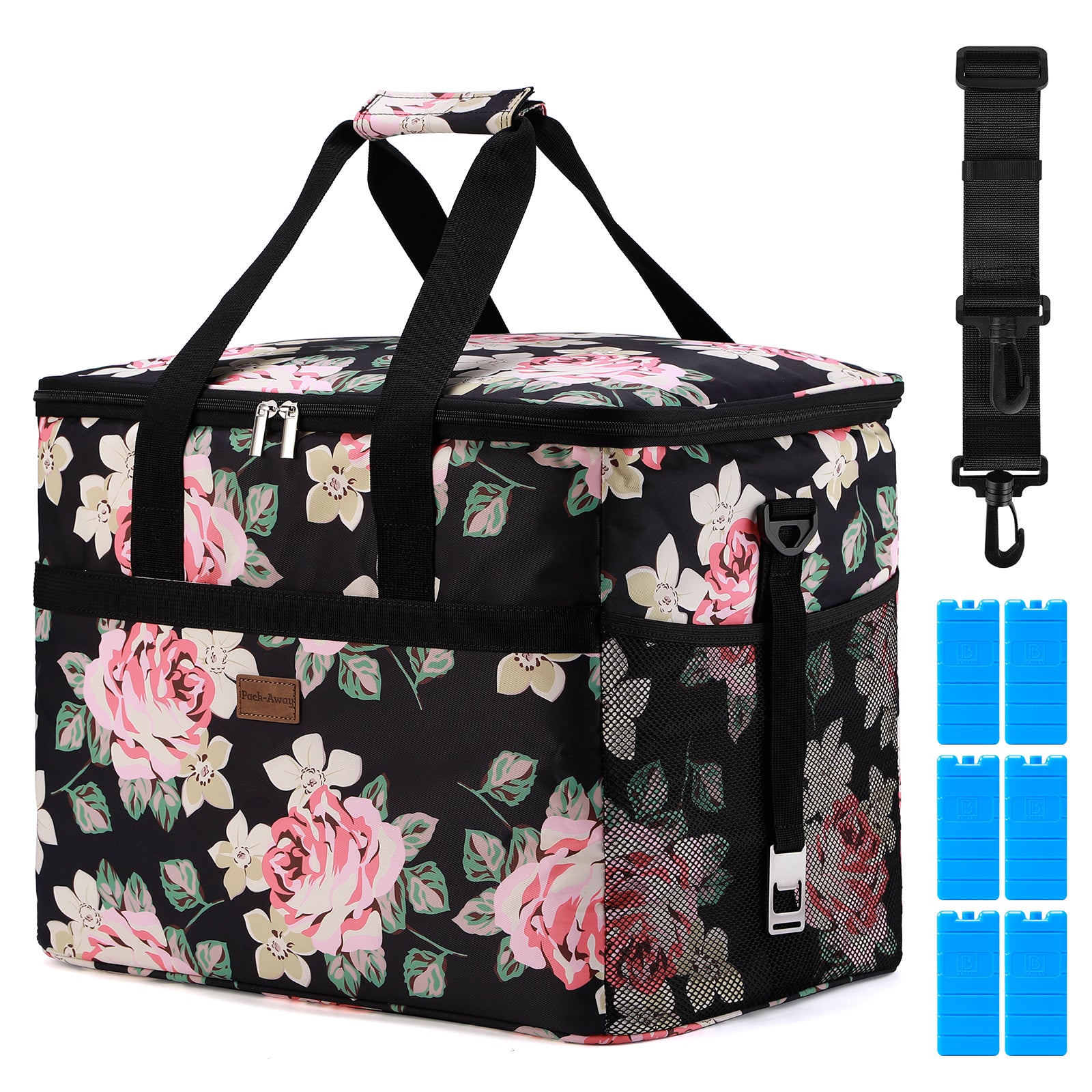 Koeltas 40L black flower - lunchtas - opvouwbaar - 4-laags geïsoleerd - incl. 6 gratis koelelementen en draagband