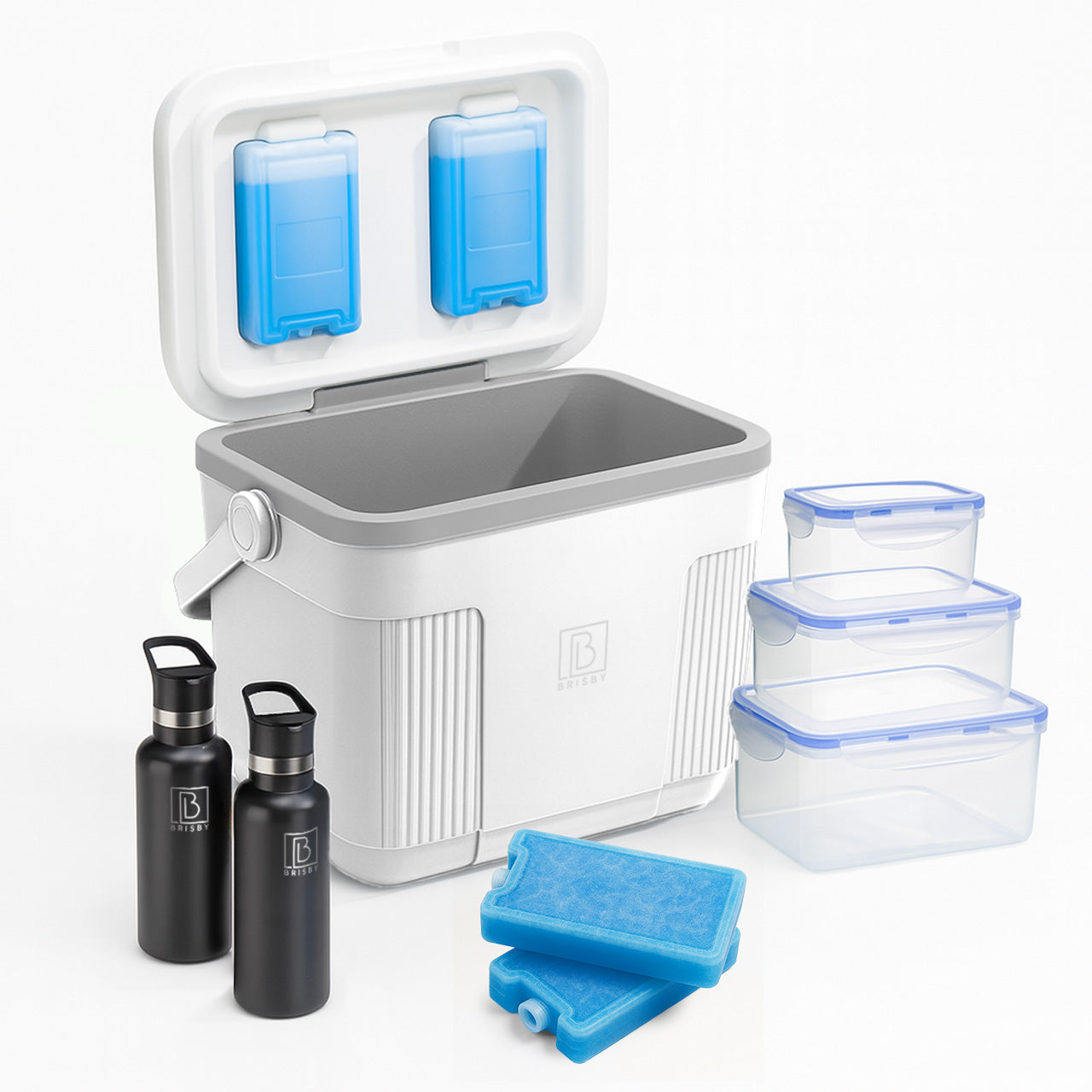 Koelbox 22L wit SET - Tot maximaal 40 uur isolatie - incl. 4 450ml koelelementen, 2 zwarte 500ml thermosflessen en 3-delige set vershoudbakjes