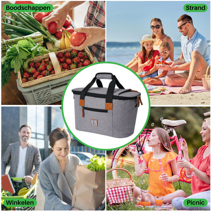 Koeltas 21L grijs - GRATIS mealbox - boodschappentas - 4-laags geïsoleerd - incl. 2 gratis koelelementen en schouderband