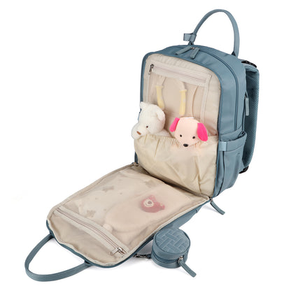 Brisby Premium Luiertas – Uitgebreide en Functionele Verzorgingstas – met buggymontage – Anti Diefstal Vakken - Reistrolley Sleeve - Inclusief verschoonmatje t.w.v.15,99 euro en speenhouder - Levenslange Garantie - Misty Blue