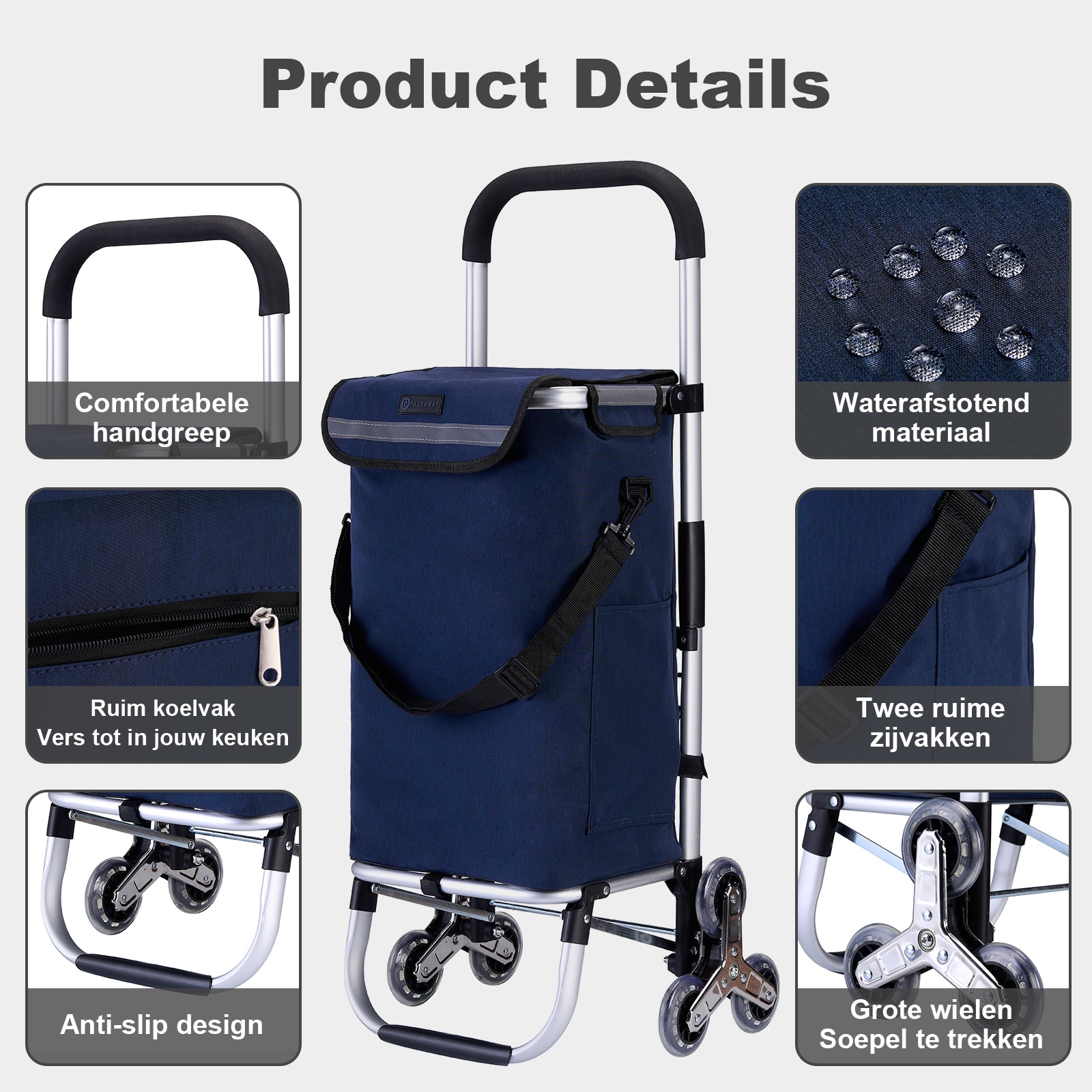 Packaway Boodschappentrolley 40L blauw - incl. trapwielen - steekwagenfunctie