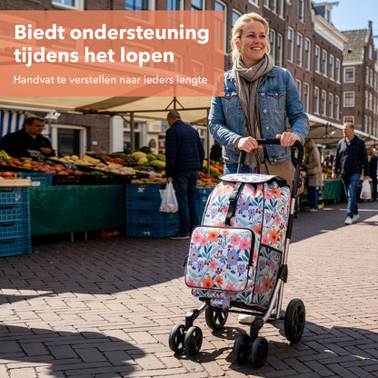 Packaway Boodschappentrolley met 4 wielen - boodschappenwagen deluxe met koelvak en verstelbaar handvat – 60 liter – Pastel Blossom
