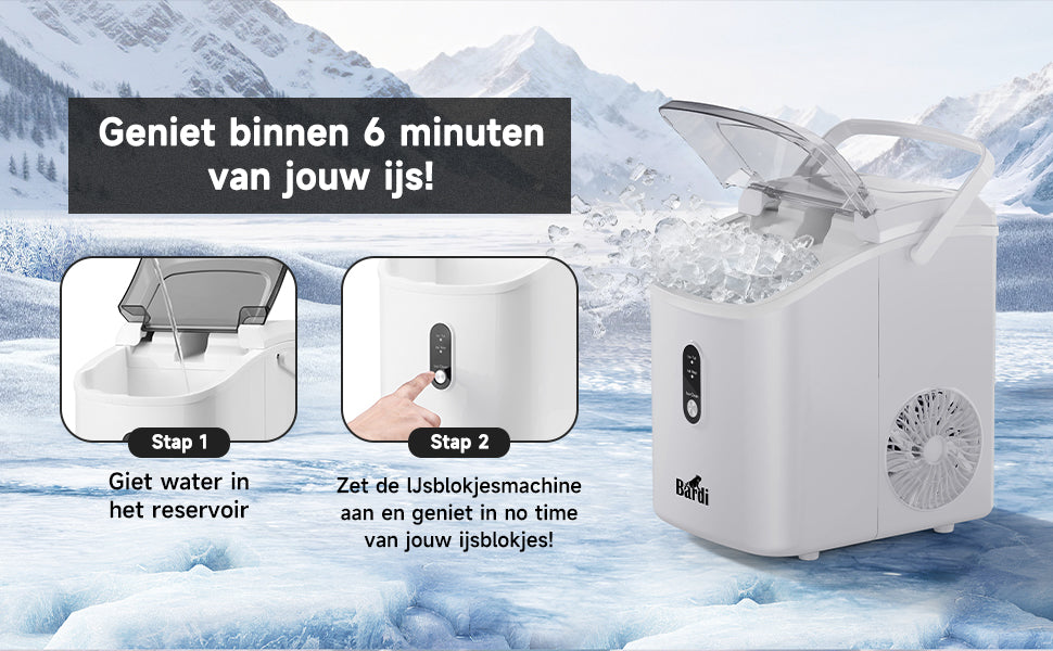 Bardi 1.1L - Nugget IJsblokjesmachine Rond - Crushed Ice Maker met IJsschep - 15kg/24 uur - Ijsblokjesmaker - Met Lux Thermosbeker - WIT - Citruspers RVS