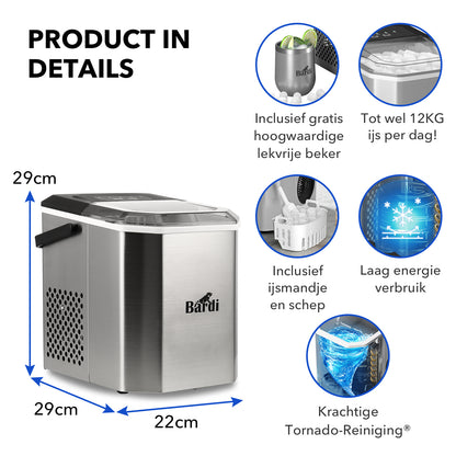 Bardi 1.3L Deluxe IJsblokjesmachine Square – IJsblokmaker Inclusief Luxe Thermosbeker en IJsschep – 9 Blokjes in 8 Minuten – Gunmetal RVS
