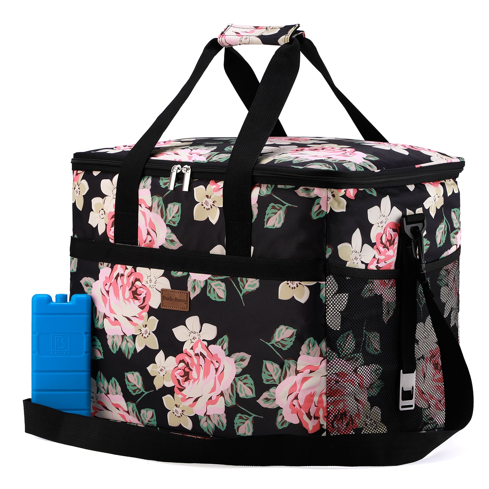 Koeltas 40L black flower - lunchtas - opvouwbaar - 4-laags geïsoleerd - incl. 6 gratis koelelementen en draagband