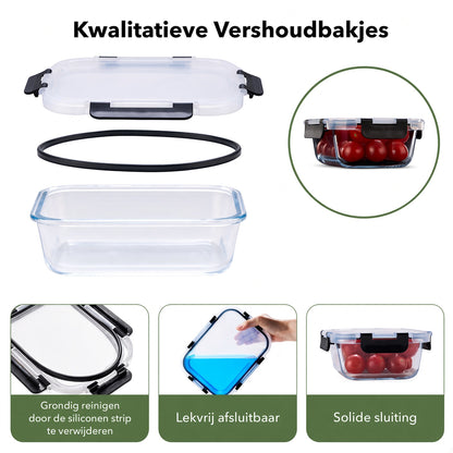 Bardi 12-Delige Glazen Vershoudbakjes – Meal Prep Bakjes Glas met Deksel – BPA & PFAS Vrij – Luchtdicht – Incl. 40 Bardi Prep & Store Labels + 10 Wondersponzen – 6,79L