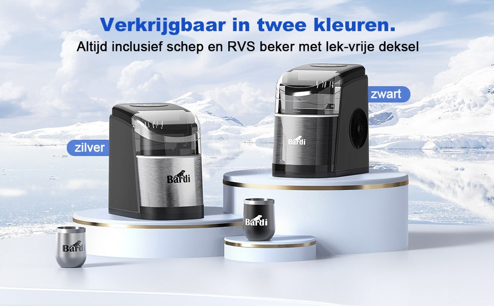 Bardi Deluxe IJsblokjesmachine 1,6L zwart-RVS - Zelfreinigingsfunctie - ijsblokmaker met ijsschep - Incl. luxe thermosbeker en ijsschep